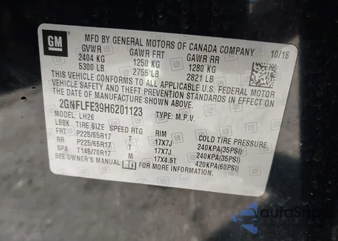 2017 Chevrolet Equinox Lt из США, поврежденный, VIN 2GNFLFE39H6201123